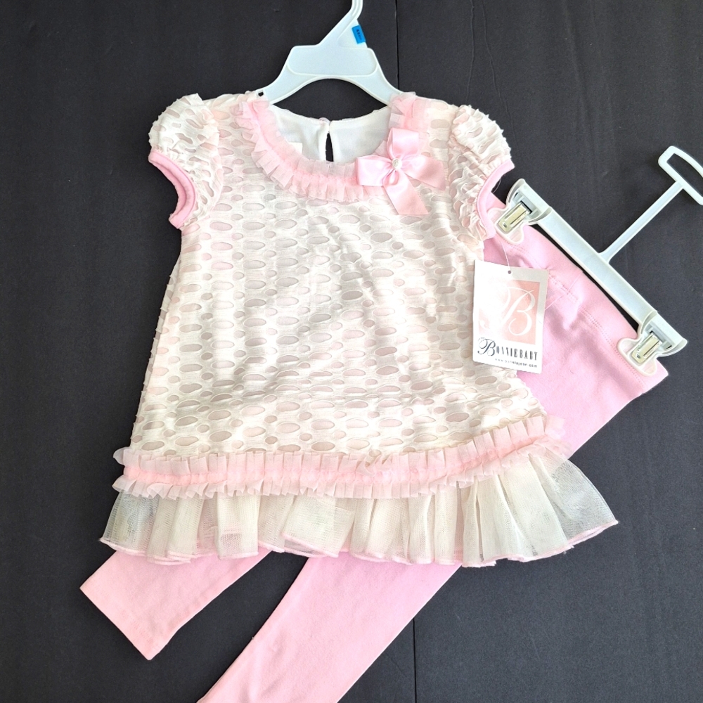 Bonnie Baby Pink and White Baby Dress Top with Leggings 24M